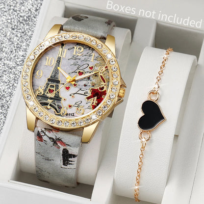 2pcs/set Fashion PU Leather Eiffel Tower Quartz Watch + Heart-Shaped Bracelet (Box not included）