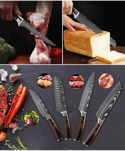 Damascus Chef's Knife Kitchen Knives Set Professional Boning Knife Meat Cleaver Utility Knife Japanese Santoku Knife with Cover