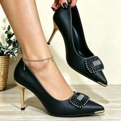 Fashionable High Heels For Women With Light Mouth Square Buckle Rhinestone Slim Heels Single Shoes Pointed Toe High-End Shoes