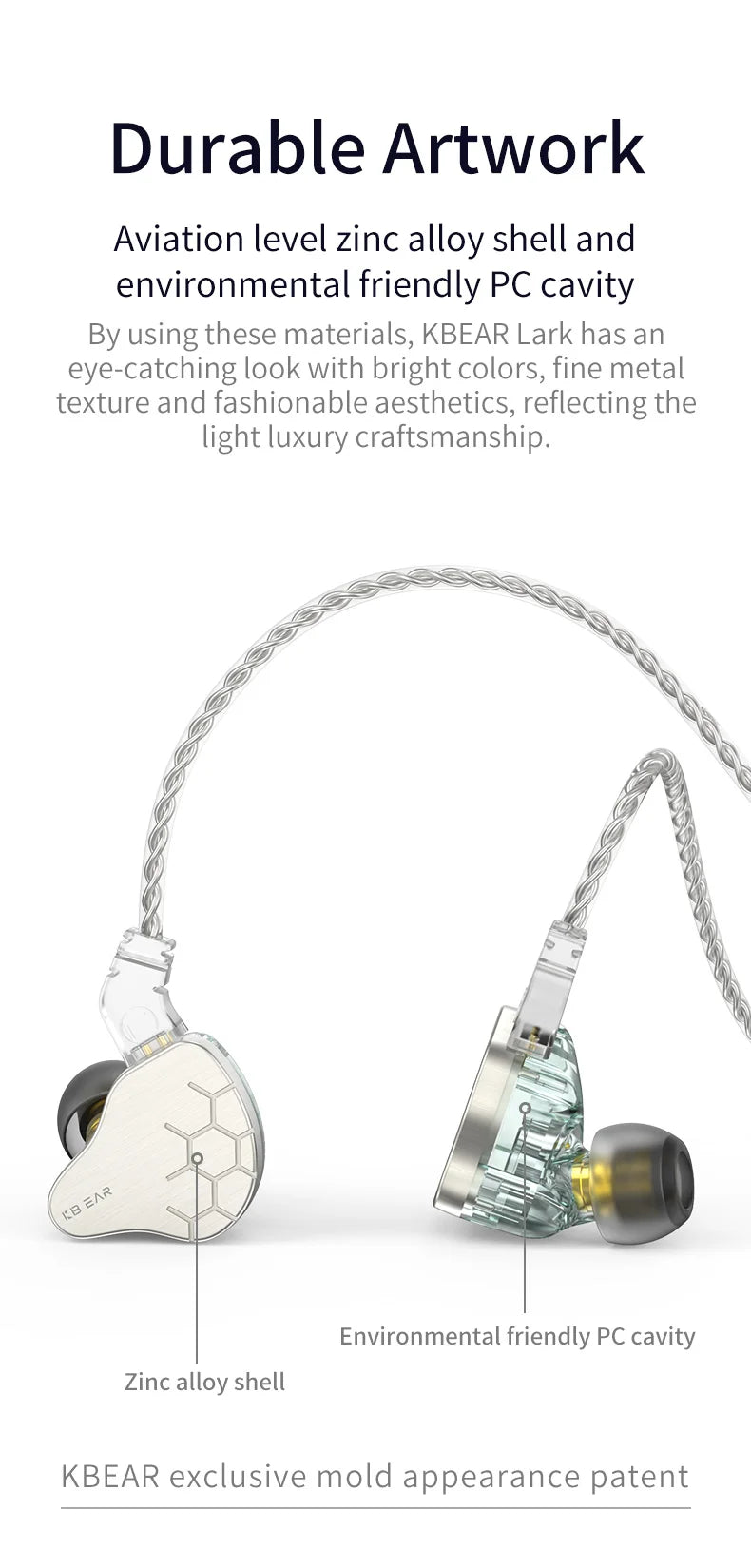 KBEAR Lark 1DD+1BA Hybrid IEM HiFi Earphones Zinc Alloy Shell 10mm Dynamic Driver Wired Headphones with Detachable 2Pin for Audiophile & Studio