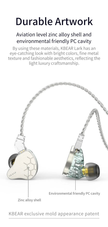 KBEAR Lark 1DD+1BA Hybrid IEM HiFi Earphones Zinc Alloy Shell 10mm Dynamic Driver Wired Headphones with Detachable 2Pin for Audiophile & Studio