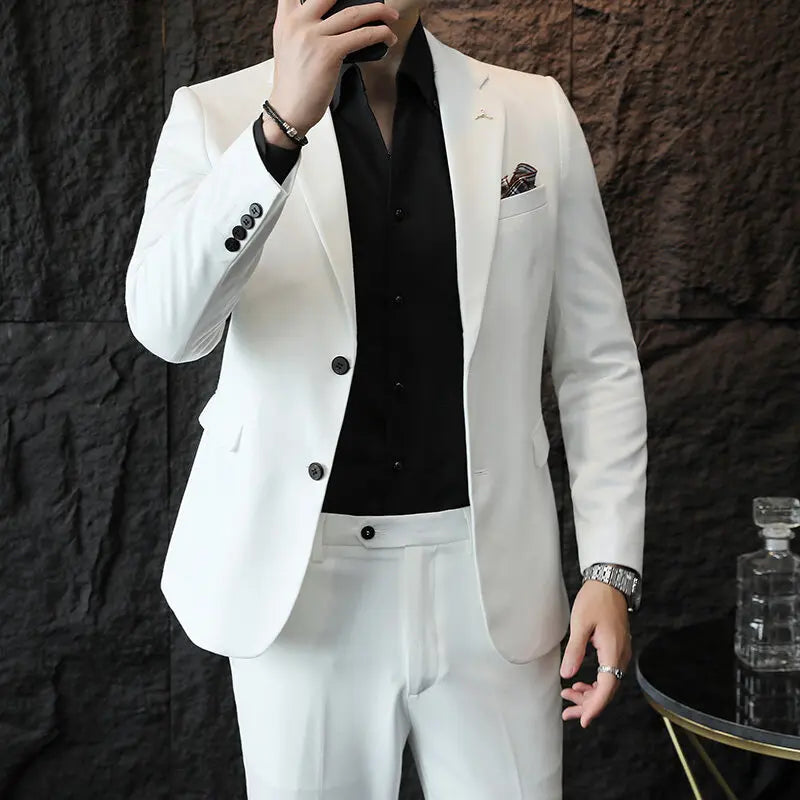 High quality Korean slim fit (suit + trousers) Fashion business handsome casual solid color wedding suit two-piece set