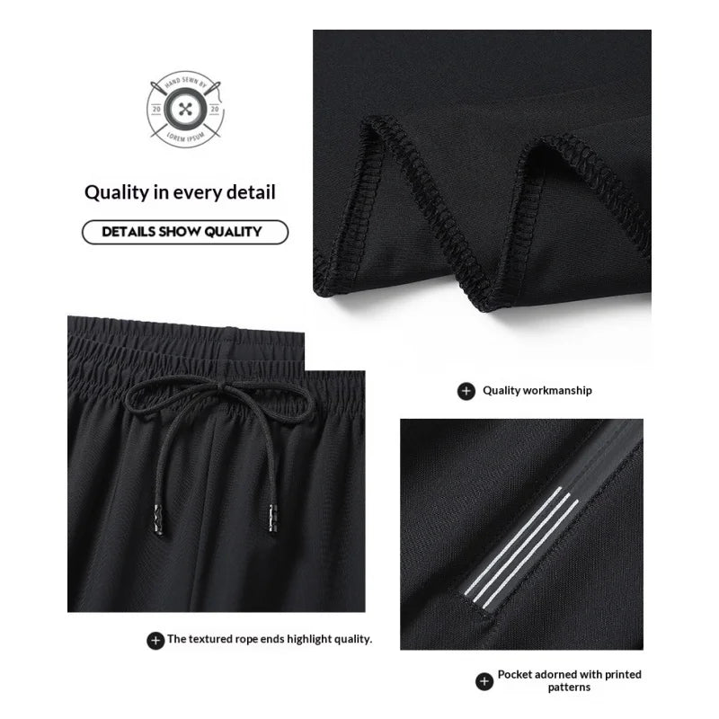 Men's Ice Silk Quick Dry Pants Lightweight Breathable Casual Trousers Elastic Waist Drawstring Sports Pants with Zipper Pockets