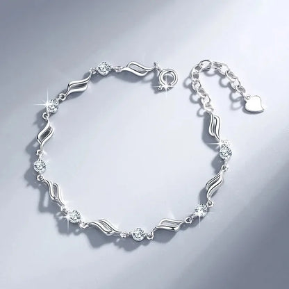 2pcs/set 925 Sterling Silver Heart Bracelet Necklace Jewelry Set for Women Korean Adjustable Charm Bracelet Luxury Party Jewelry