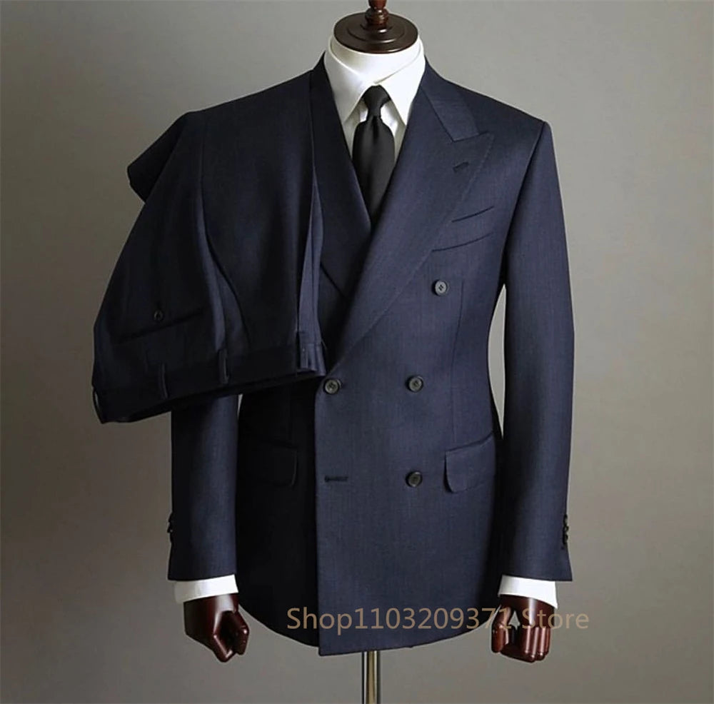 Navy blue Suit Set Fashion Buttons Pockets Blazer Men Business Suit Set Formal Turndown Collar Suit for Dating Groom Formal