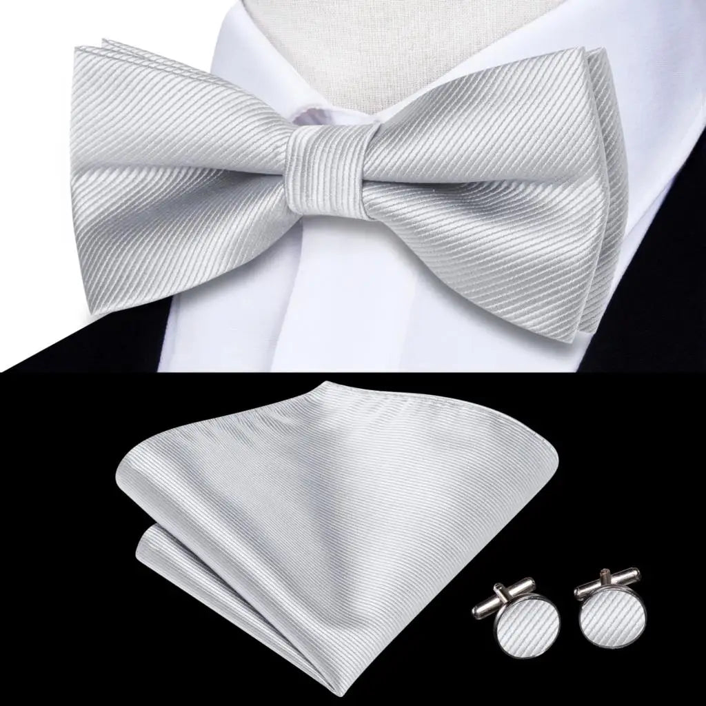 Hi-Tie Mens Bow Tie Hanky Cufflinks Set White Black Gray Silver Pre-tied Butterfly Knot Bowtie for Male Wedding silk Business