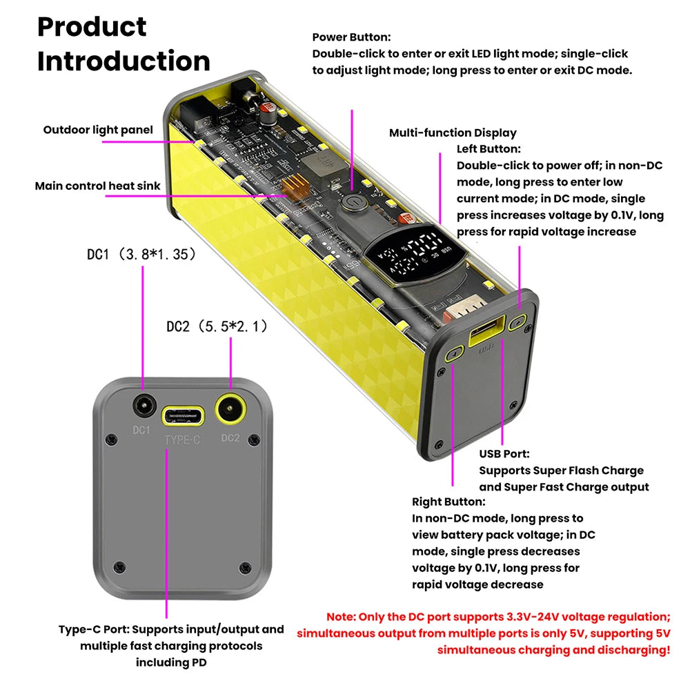 65W PD Fast Charge 8-Cell Solderless 18650 Power Bank Case 3.3-24V Adjustable DC DIY Battery Box LED Display Outdoor Light