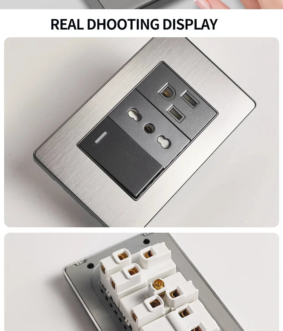 118 US Mexico Grey Stainless Steel Brushed 2way Electrical Light Switch Home Wall Socket Plug Double USB Type-C Power Outlet