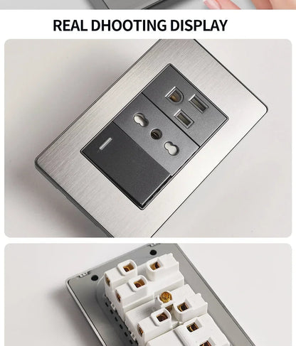118 US Mexico Grey Stainless Steel Brushed 2way Electrical Light Switch Home Wall Socket Plug Double USB Type-C Power Outlet