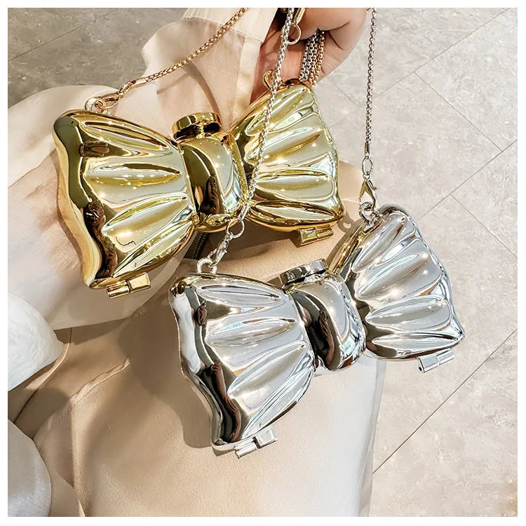Luxury Designer Mini Bowknot Evening Bag for Women Girls Crossbody Handbag Chain Shoulder Bags Metal Purse for Party Wedding