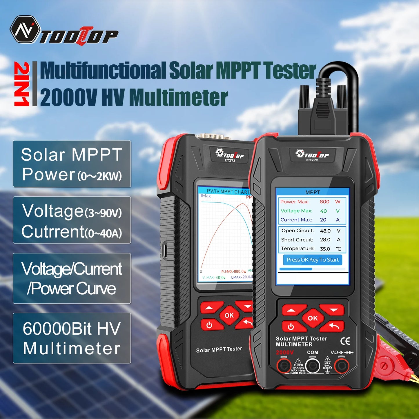 TOOLTOP 2000W Solar MPPT Power Tester 3.2 Inches 2KV 60000 Counts Multimeter Photovoltaic Solar Power Meter Pmax Voc Isc Test
