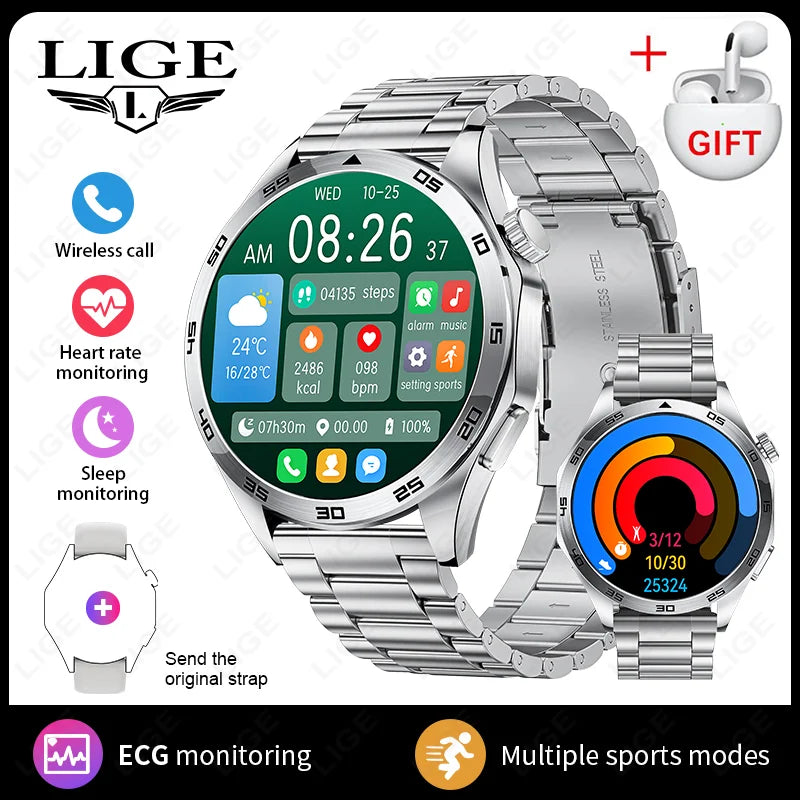 LIGE Micro Physical Examination ECG Smart Watch Men Bluetooth Call Heart Rate Blood Pressure Oxygen Health Smartwatch 2025 New