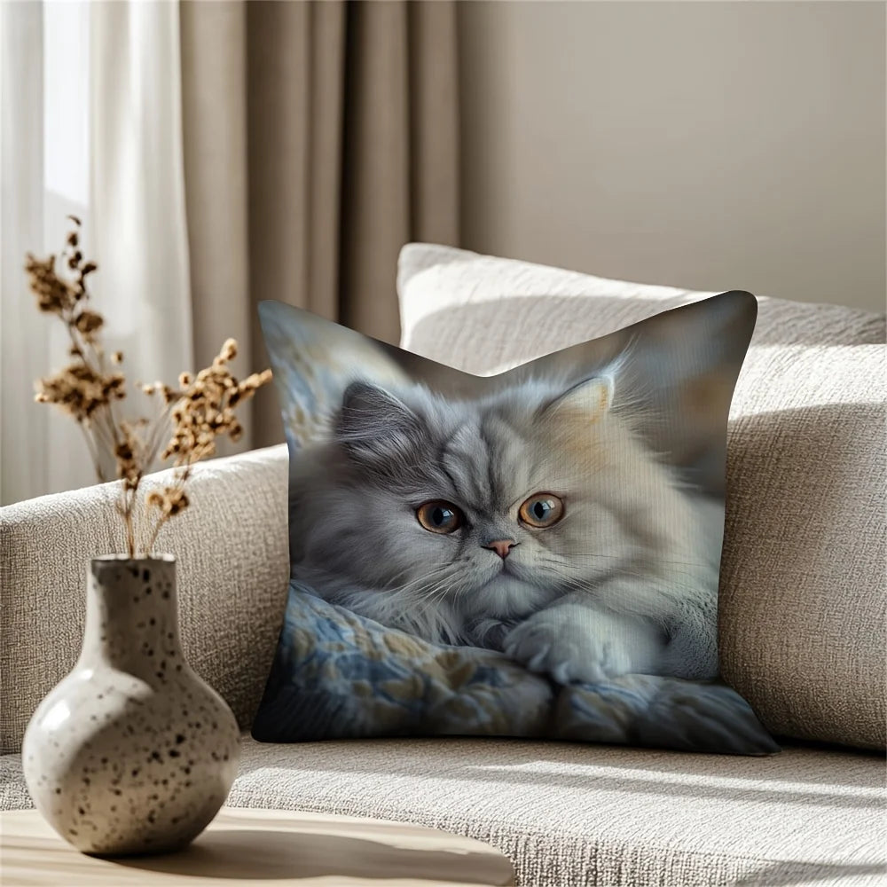 Realistic Cat Pillowcase, Fluffy Persian Cat Cushion Cover, Animal Portrait Art, Cozy Home Decor for Living Room Bedroom