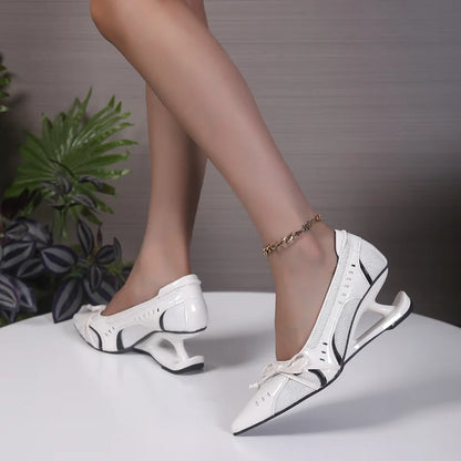 Women's Designer Dress Shoes Special Heel Spliced Heels Pointed Toe High Heels Shallow Mouth Bow Non-Slip Mary Jane Single Shoes