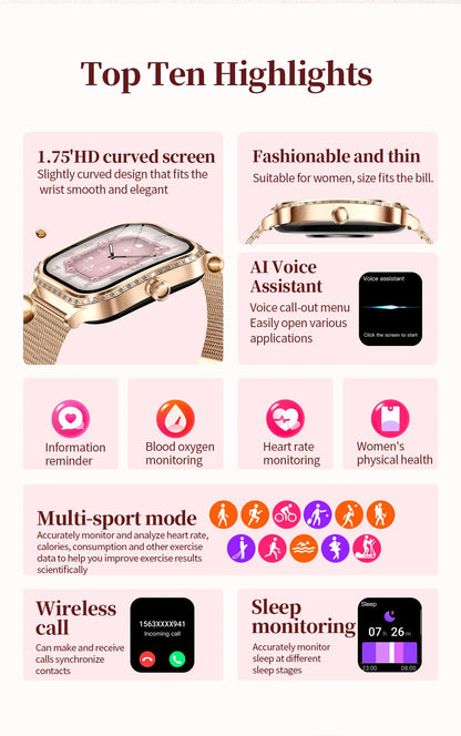 LIGE Fashion Design Women Smart Watch 1.75" Curved Screen Smartwatch Bluetooth Call Clock IP68 Waterproof Diamond Case Bracelet