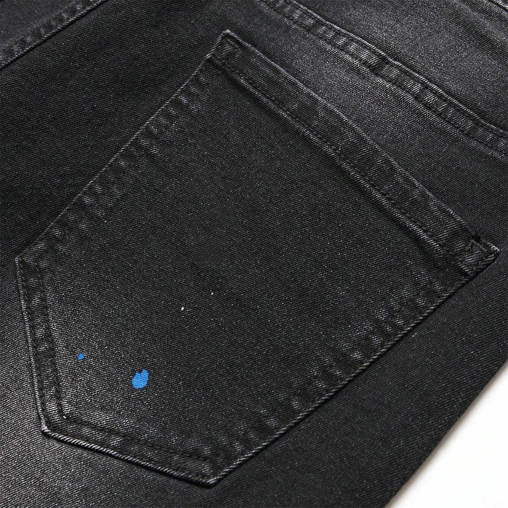 Men's Y2K Fashion Ripped Patchwork Hole Straight Black Jeans Slim Fit Stretchy Skinny Denim Pants Casual Hip Hop Brand Trousers