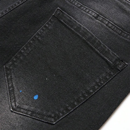 Men's Y2K Fashion Ripped Patchwork Hole Straight Black Jeans Slim Fit Stretchy Skinny Denim Pants Casual Hip Hop Brand Trousers