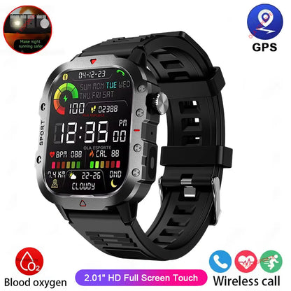 2026 Military Outdoor Smart Watch Men's GPS Flashlight Bluetooth Call 2.01" AMOLED Screen 3ATM Waterproof Sports Smartwatch Hw12