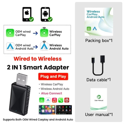 2 in 1 AI Box Mini Adapter Wired to Wireless Carplay&Android Auto Compatible with 99% of Cars Plug and Play WiFi Smart Dongle
