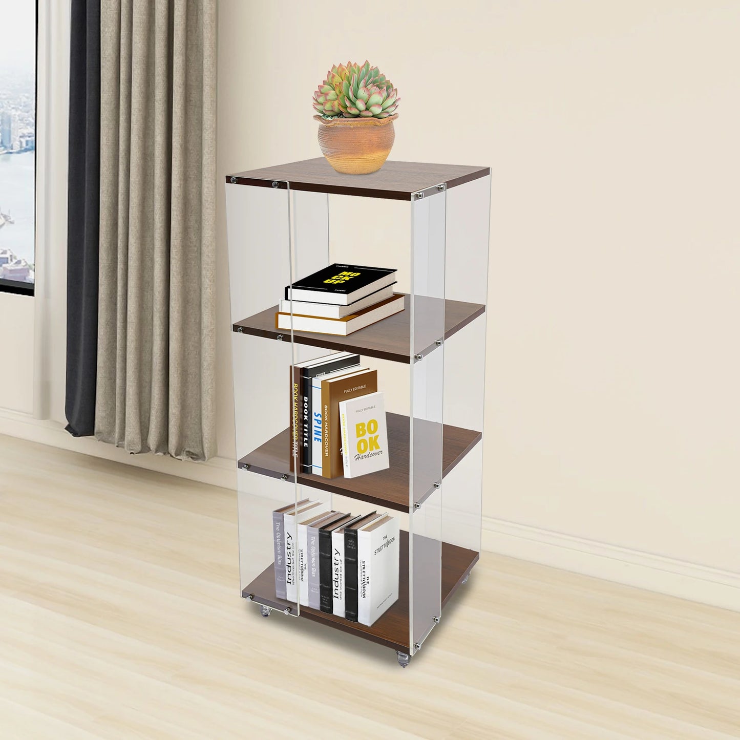 3-layer Rotating Acrylic Bookshelf with Wheels,Standing Small Corner Bookcase for Home Study Office