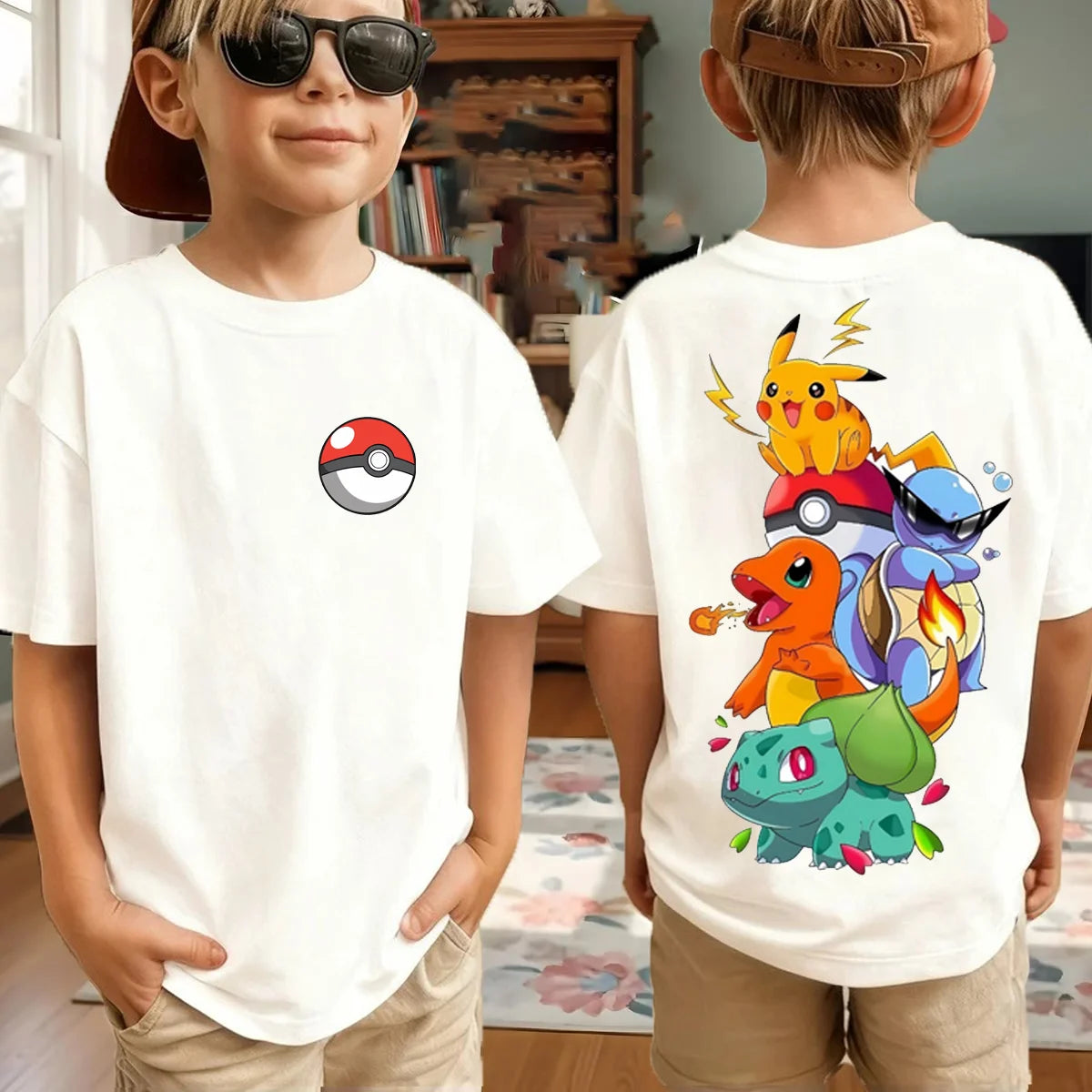 Summer Pokémon AnimeT-shirts Boys Pure Cotton Short-sleeved Top Casual Suitable for Both Boys and Girls, Parent-child Outfits.