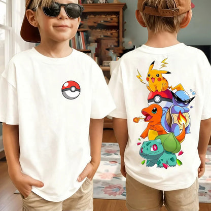 Summer Pokémon AnimeT-shirts Boys Pure Cotton Short-sleeved Top Casual Suitable for Both Boys and Girls, Parent-child Outfits.