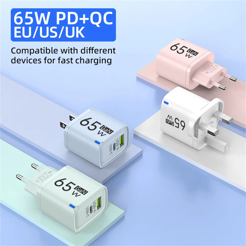 65W USB Fast Charging Charger Type C Quick Charger Portable Mobile Phone Plug EU/US/UK Wall Adapter For iPhone Samsung Xiaomi