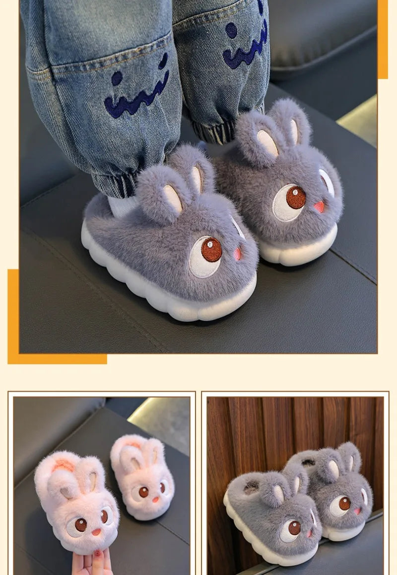 New Winter Cute Big eyed Rabbit Children's Waterproof Warm Non-slip Fluffy Slippers For Girls Boys Kids Indoor Home Cotton Shoes