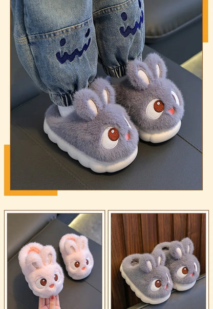 New Winter Cute Big eyed Rabbit Children's Waterproof Warm Non-slip Fluffy Slippers For Girls Boys Kids Indoor Home Cotton Shoes