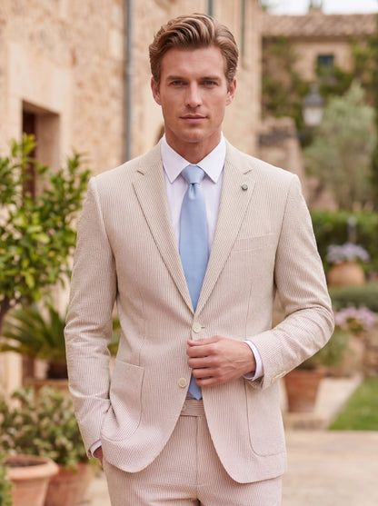 Men Summer Striped Seersucker 2 Piece Suit Wrinkle Free Light Blazer Trousers All Match Gentleman Daily Outfit