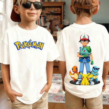 Summer Pokémon AnimeT-shirts Boys Pure Cotton Short-sleeved Top Casual Suitable for Both Boys and Girls, Parent-child Outfits.
