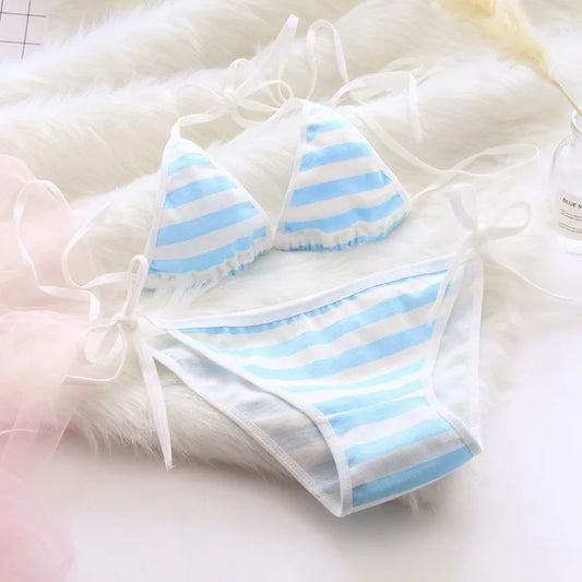 Lace-up Strap Blue and White Striped Set, Blue and White Fat Inner Two-piece Set Womens Lingerie Set  Bra Set  Sexy