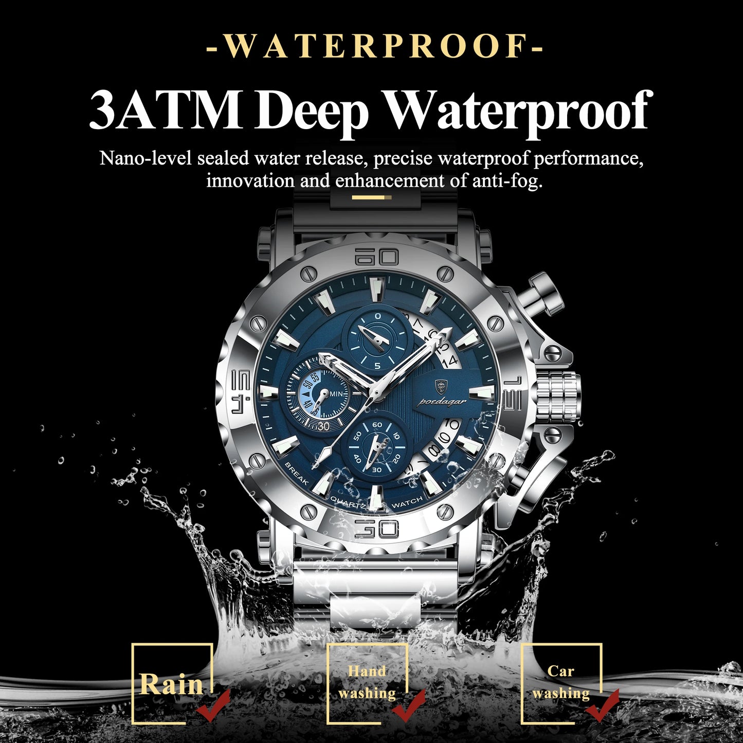 POEDAGAR Top Business Men's Wristwatch Luminous Waterproof Man Clock Chronograph Calendar Stainless Steel Quartz Watches For Men