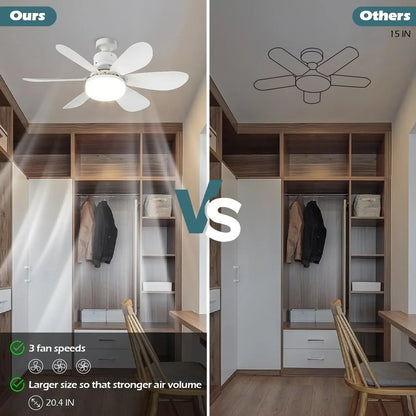 Cordless Light Socket Fan for Kitchen Bedroom Small Room LED Socket Fan Light with Remote Small Ceiling Fan with Light