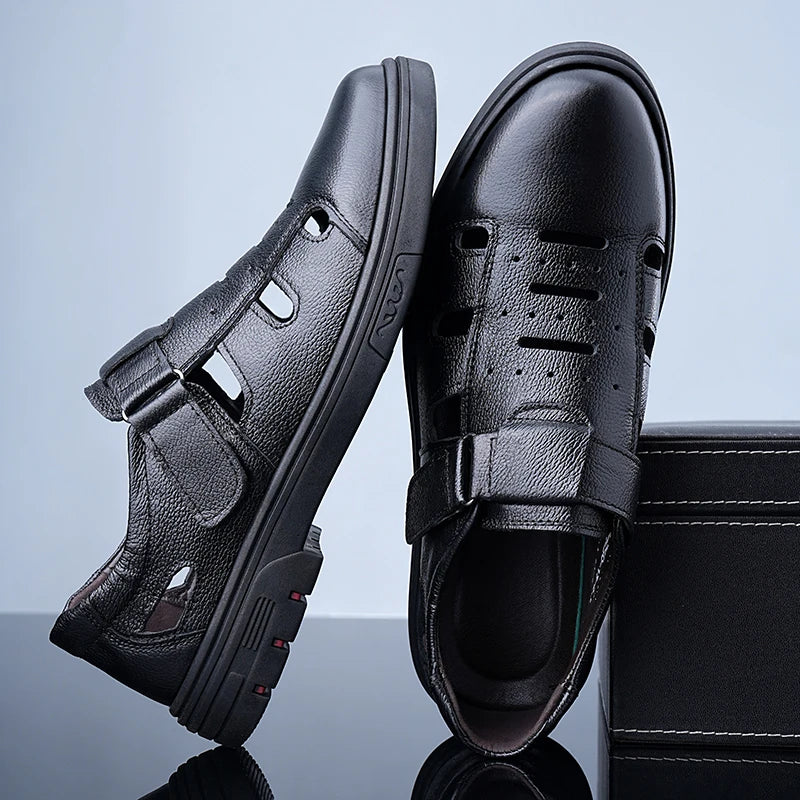 Men's Slip-On Loafers Summer Cowhide Breathable Leather Shoes Comfortable Wear-Resistant Anti-Slip Casual Footwear-705