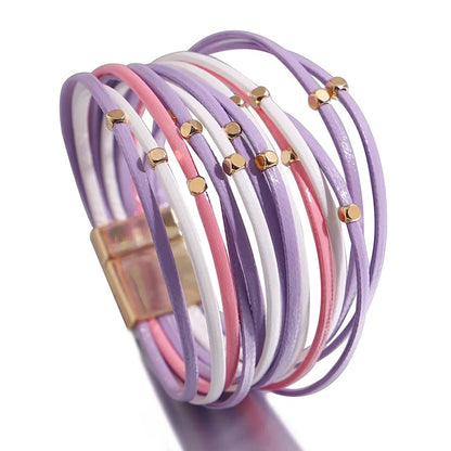 ALLYES Charm Triple Color Leather Bracelet for Women Bohemian Metal Beads Multilayer Thin Strip Wrap Bracelets Fashion Jewelry