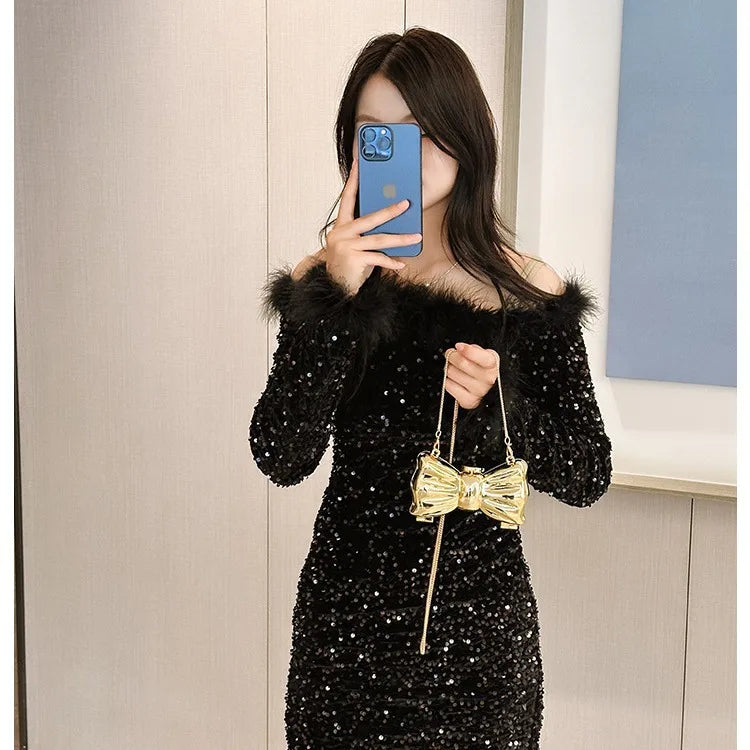 Luxury Designer Mini Bowknot Evening Bag for Women Girls Crossbody Handbag Chain Shoulder Bags Metal Purse for Party Wedding