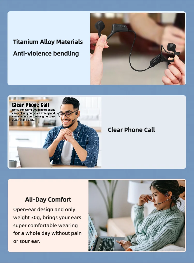 Open Ear Bone Conduction Headphones with dual microphone Wireless Bluetooth Headphone with Mic Headset for work/business/Cycling