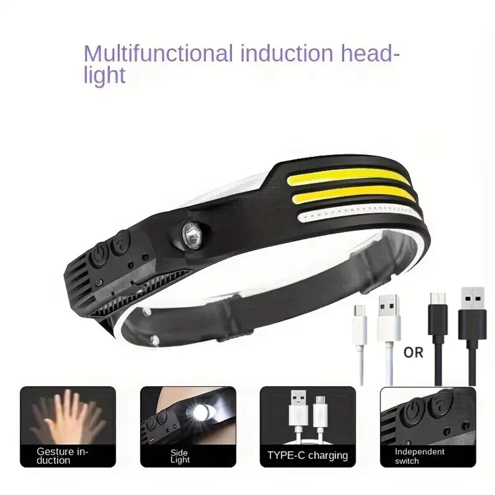 COB LED Headlamp Induction Head Lamp Built-in Battery USB Rechargeable Head Flashlight Outdoor Camping Fishing Sensor Headlight