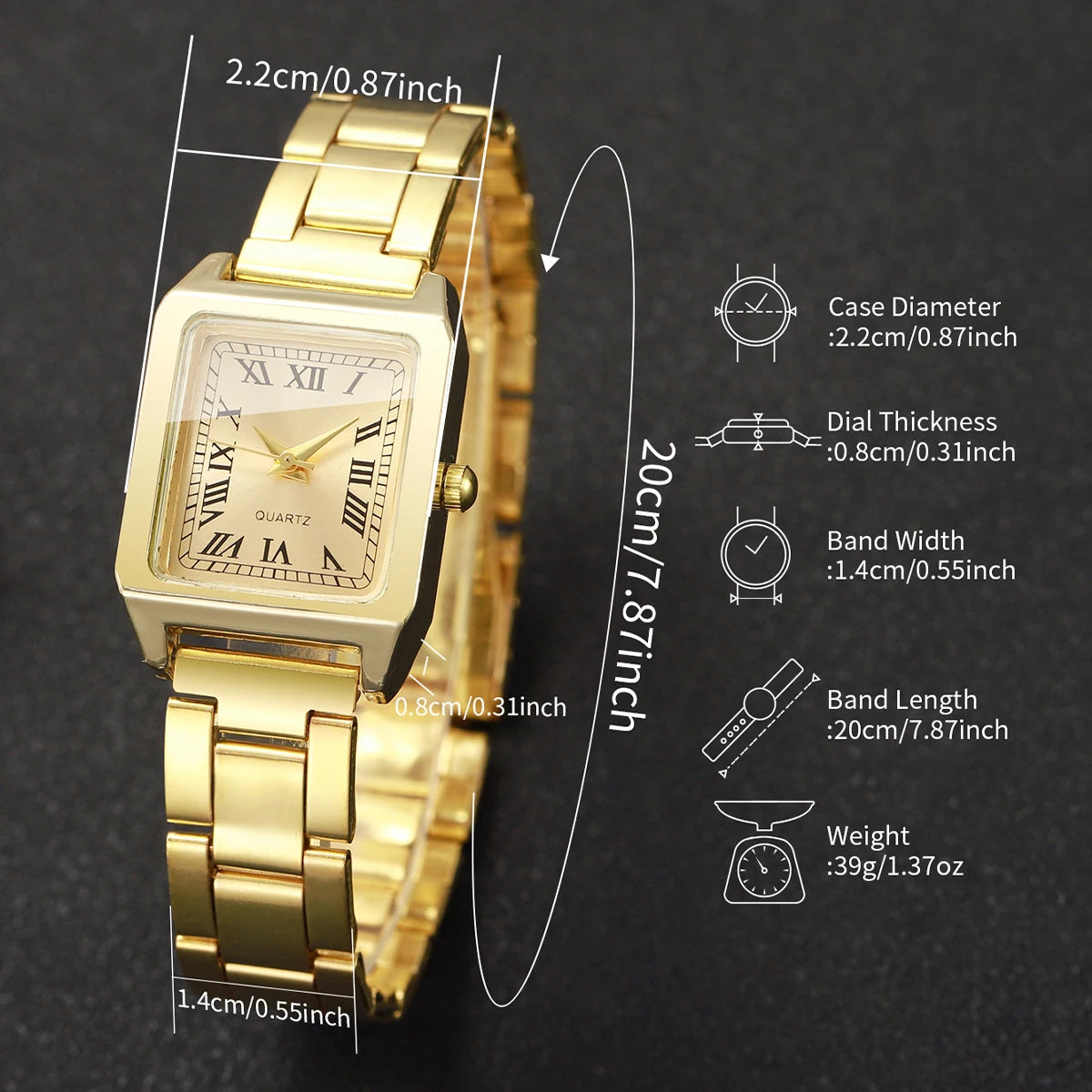 4PCS Elegant Women Square Roma Dial Quartz Watch Diamond Bracelets Set Luxury Alloy Strap Ladies Wristwatches (Without Box)