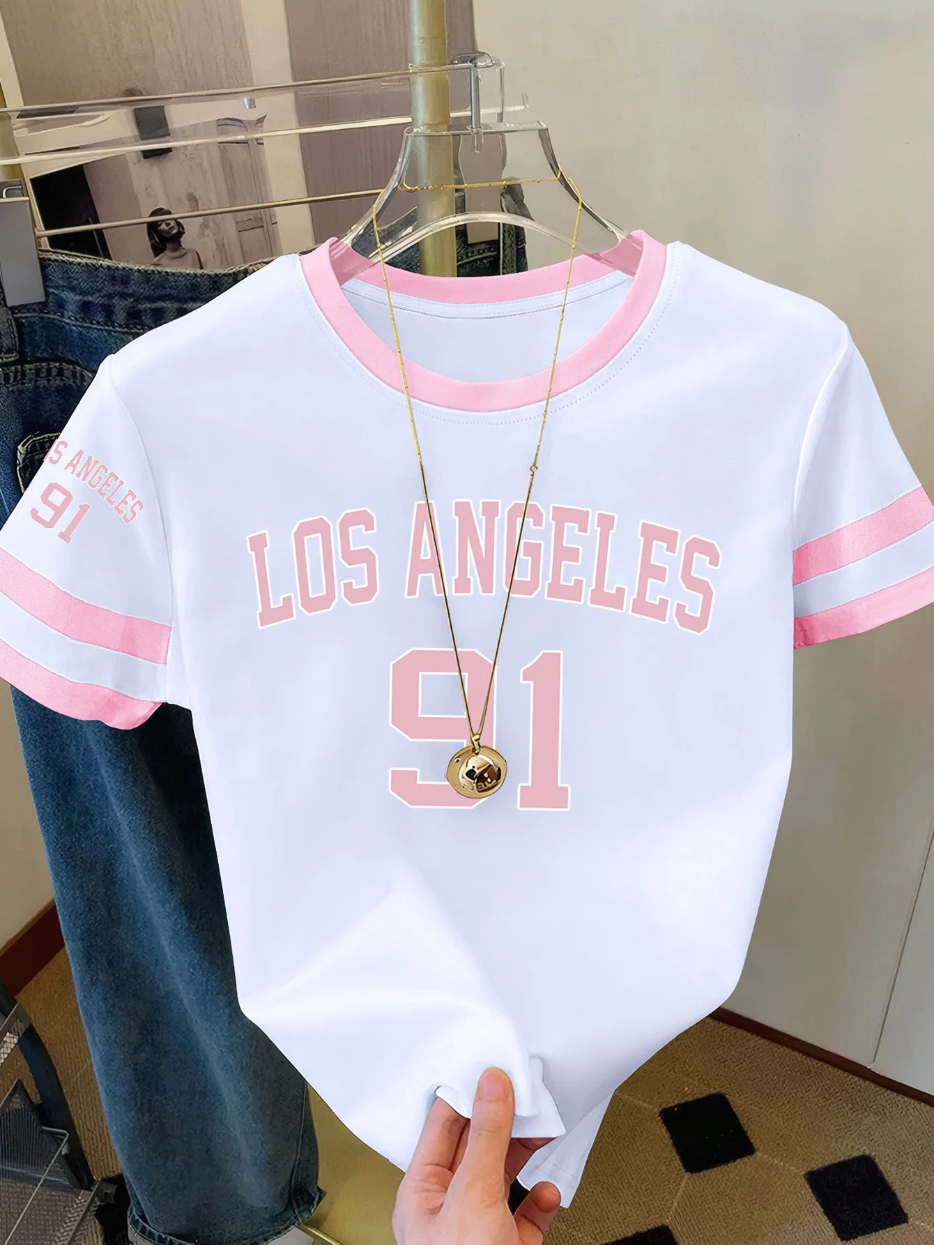 Summer Women's Los Angeles NO.91 Print Round Neck Short Sleeve T-Shirt Summer Graphic Te Jerseys Plus Size Sport T-Shirt Tops