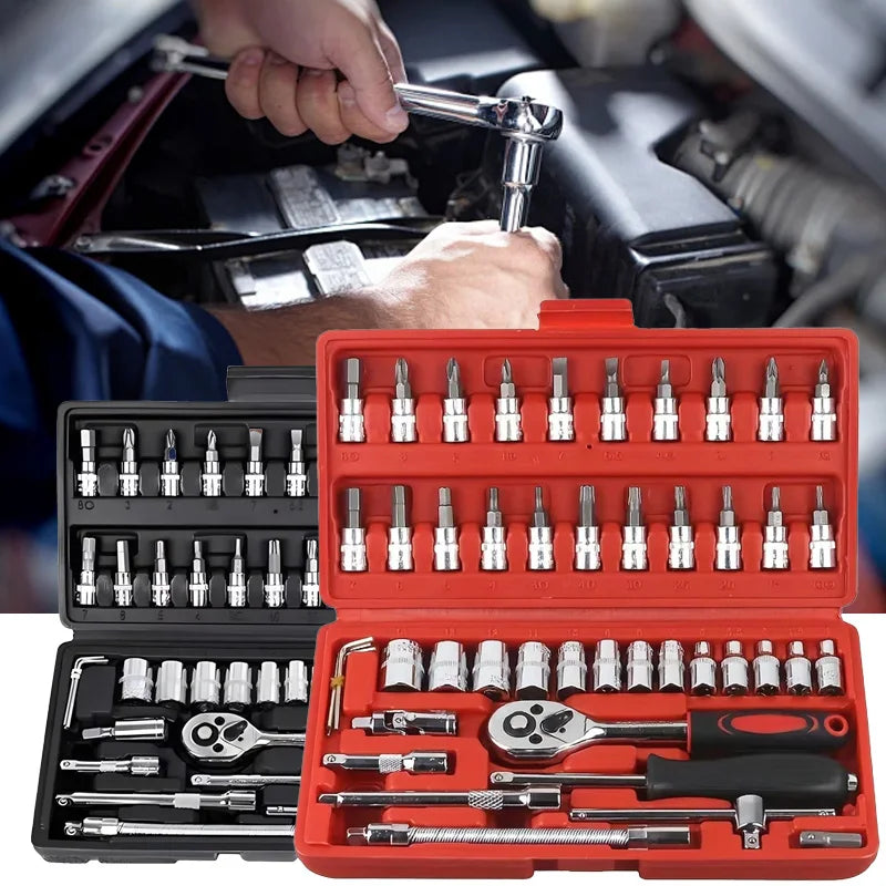 46pcs Family Tools 1/4 Inch Drive Socket Ratchet Wrench Set Complete Car Repair Kit for Motorcycle and Bicycle Maintenance Tools