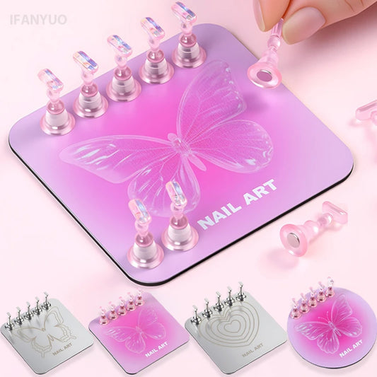 Pink Butterfly Nail Holder 6Pcs/Set False Nail Tip Practice Stand Aurora Base Full Magnetic Holder Tray Nail Art Salon Practice
