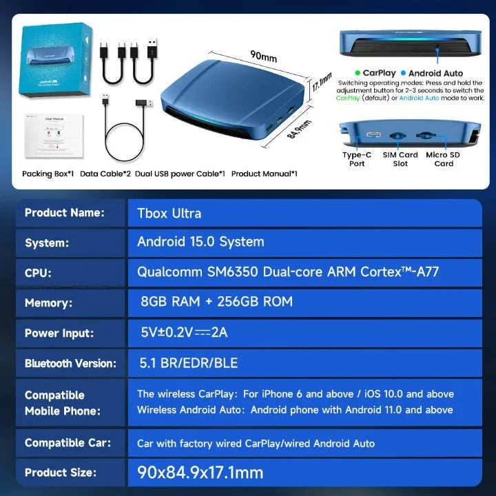 2026 Android 15 Tbox Ultra 8GB+128GB CarPlay Ai Box 4G LTE Wireless CarPlay Android Auto GPS SM6350 8-Core For Netflix YouTube