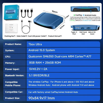 2026 Android 15 Tbox Ultra 8GB+128GB CarPlay Ai Box 4G LTE Wireless CarPlay Android Auto GPS SM6350 8-Core For Netflix YouTube