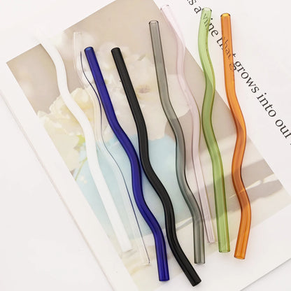 4pcs 200*8mm Glass Straws Wavy Colorful Drinking Straw Set with Brush High Borosilicate Glass Straw Kitchen Party Bar Drinkware