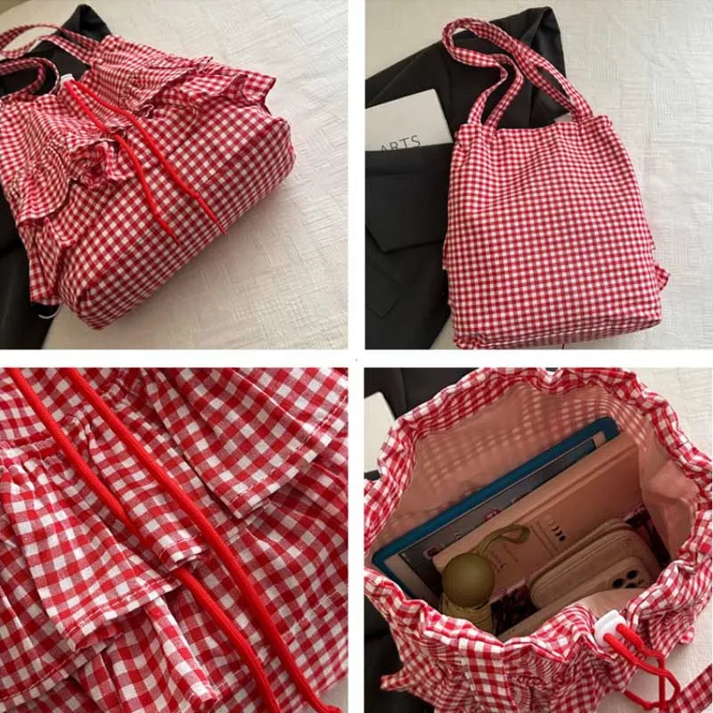 Cute Plaid Cotton Tote Bag Large Capaci Lace Trim Women's Summer 2026 Simple Lady Handbag Soft Shoulder Bags Bolsa Feminina