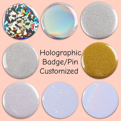 Custom Holographic Shiny Glitter Silver/Gold Badge Pin Button 58mm Tinplate PET Print Personalized Customize Gift Wedding Favor