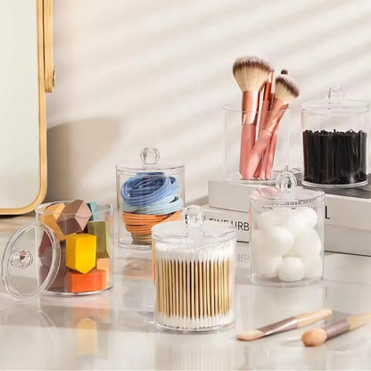 Small Clear Acrylic Qtip Holder Dispenser for Cotton Swabs Balls Pads Floss Picks - Vanity Makeup Storage Box Organizer