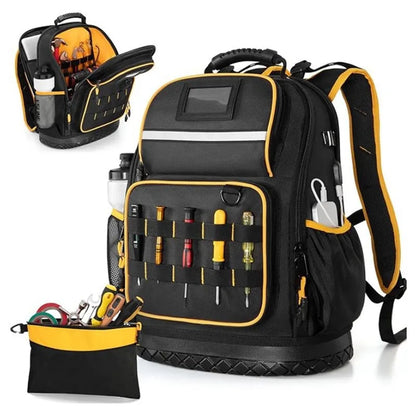 Heavy-duty tool backpack with detachable tool storage pockets, large capacity storage bags, and multi-functional slip pockets.